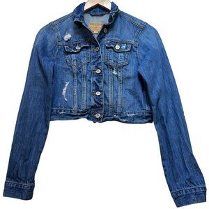 Hollister Women's Distressed Denim Jacket Button Front Long Sleeve Size S Blue